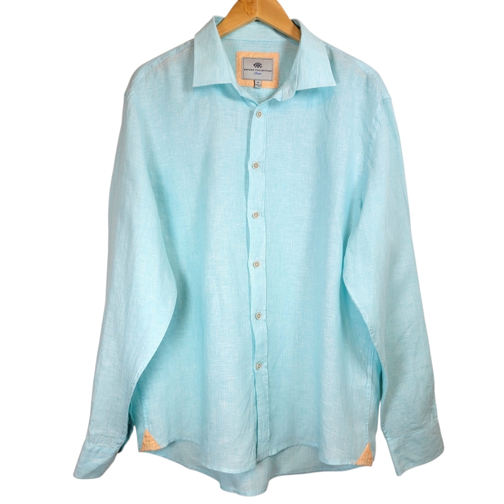 Report Collection 100% Linen Stripe Shirt Sz XL Beach Preppy Cape Cod Maritime
